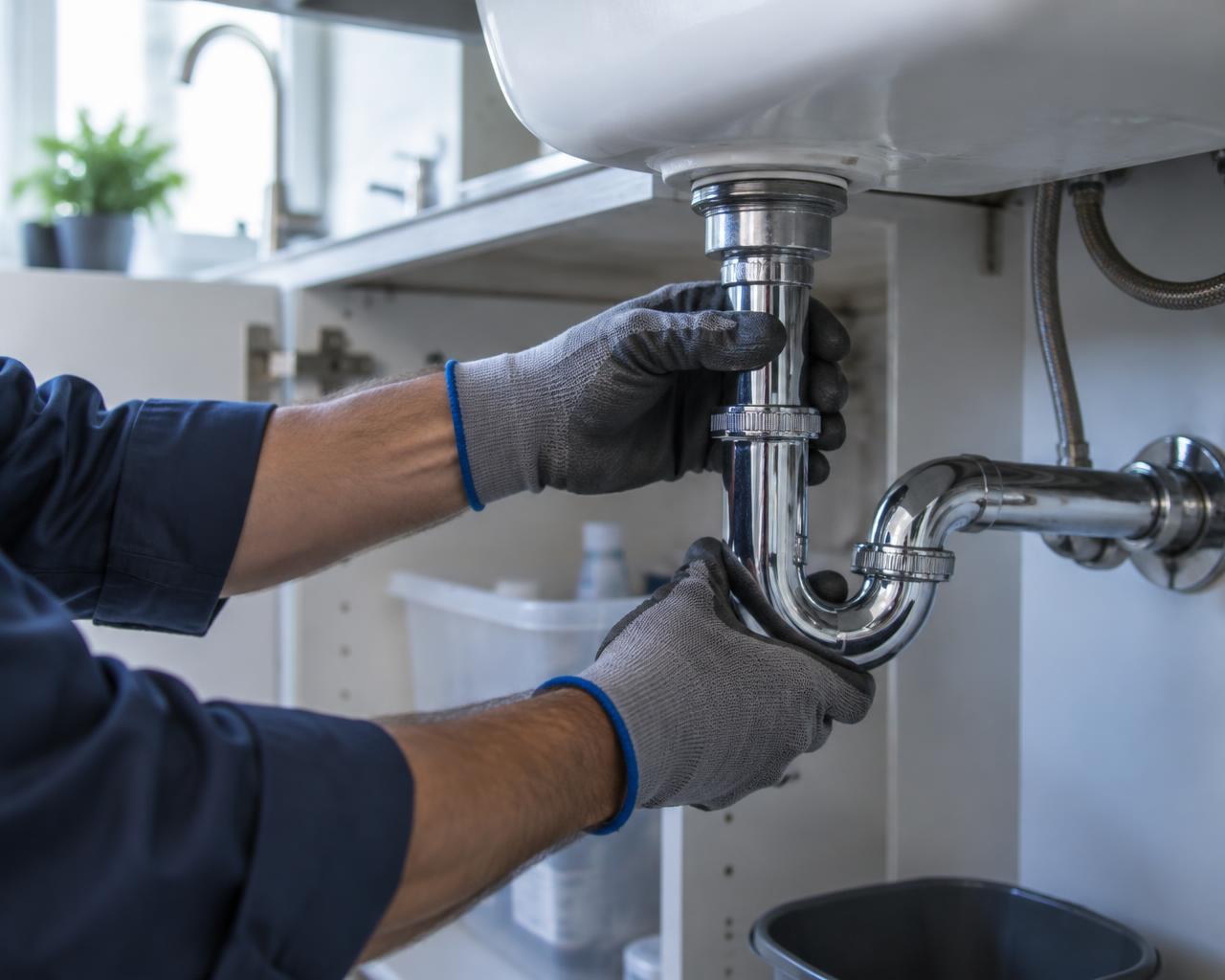 Residential plumbing professional working on a kitchen sink